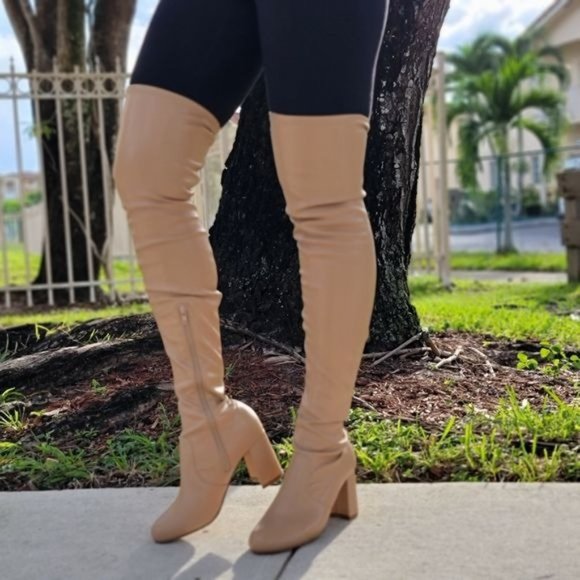 Women's Camel Thigh High Over the Knee Boots Chunky Heel - Picture 7 of 7